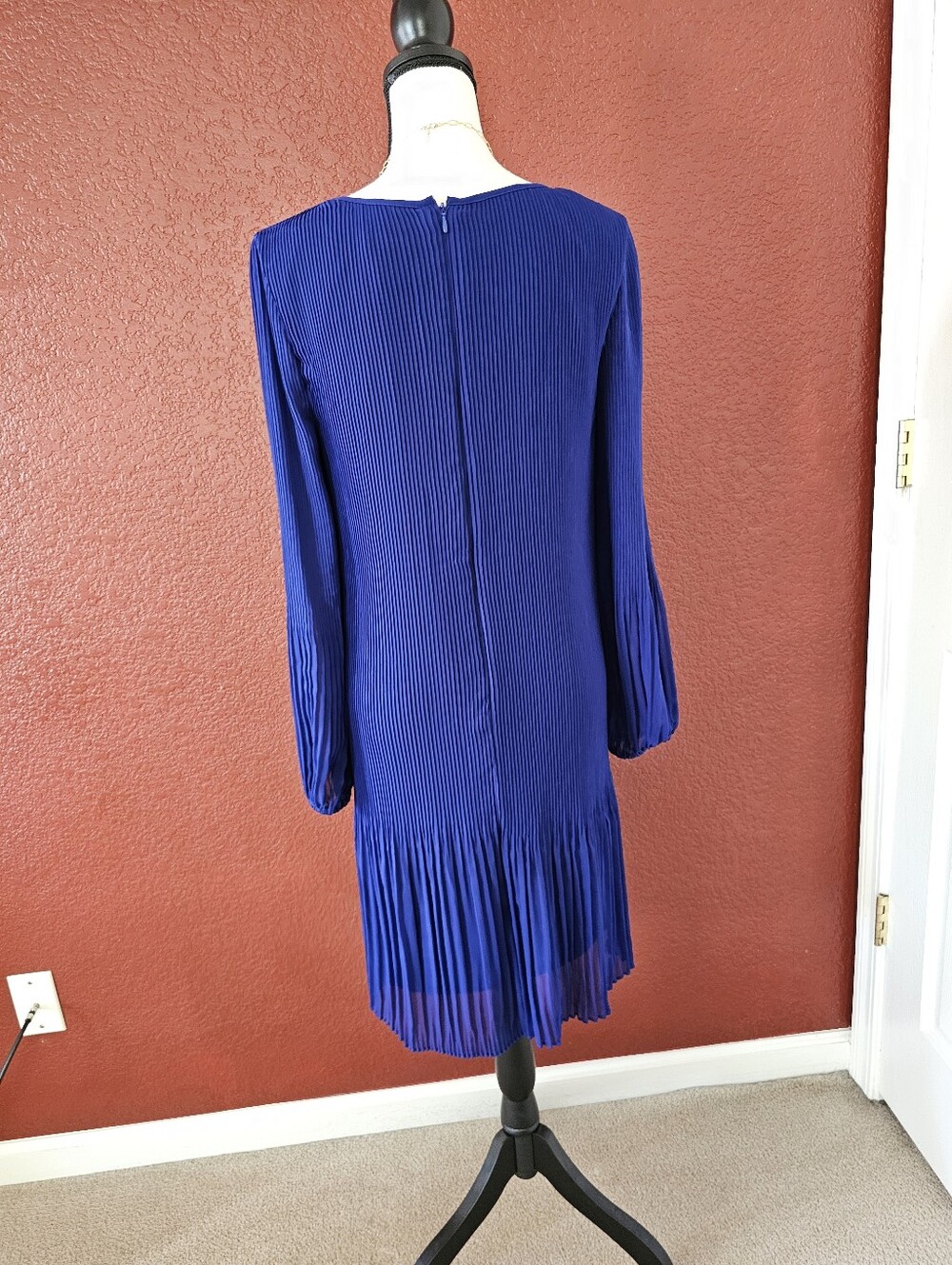 DKNY Cobalt Blue Pleated Long-Sleeve Shift Dress - Picture 6 of 11